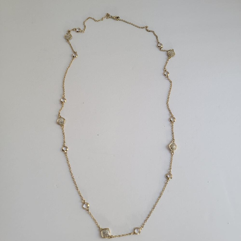 Gold Tone Crystal Station Necklace Square Pave Bezel Chain Lobster 34 In